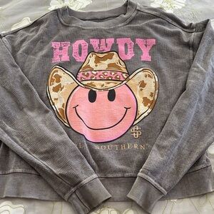 Simply Southern Gray Sweatshirt with Pink Smiley "Howdy" graphic